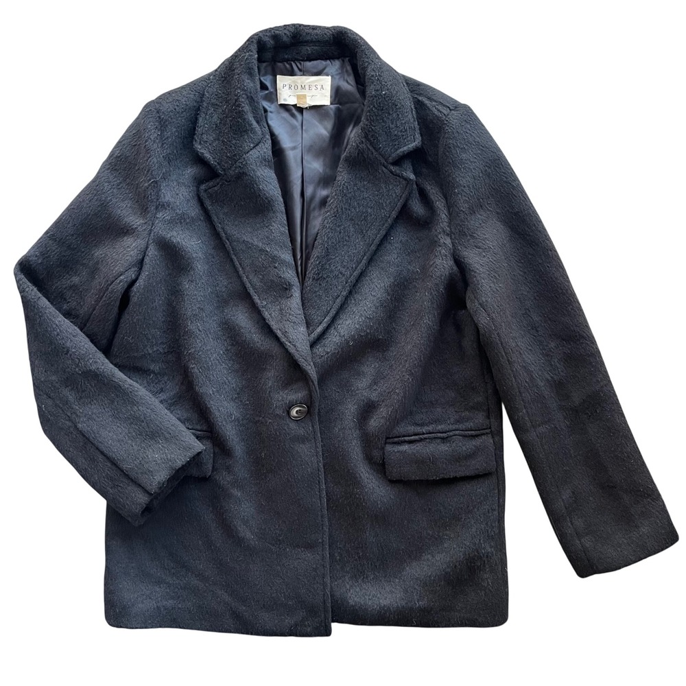 PROMESA Women M Black Textured Fuzzy Single Button Oversized Peacoat Chic Preppy